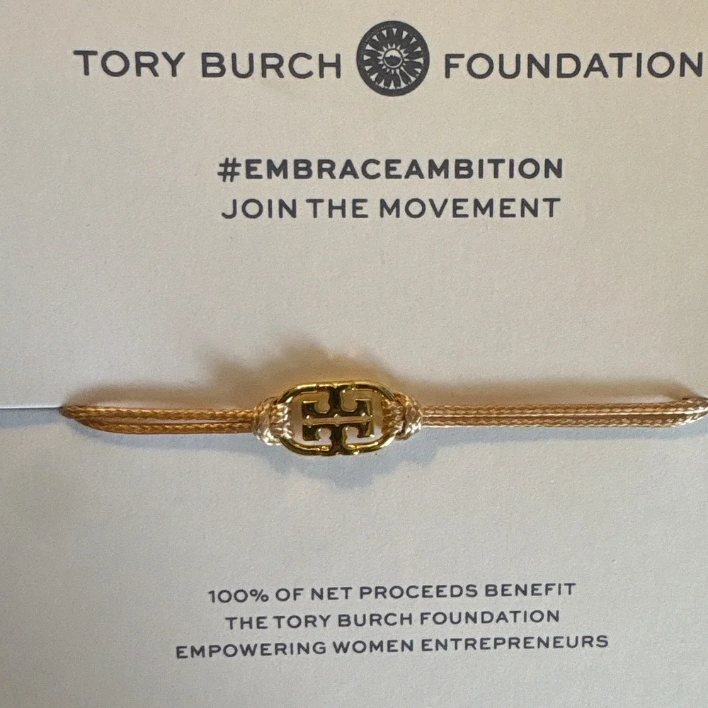 Tory Burch Embrace Ambition Bracelet Rose Gold Silk Cord Gemini Link Logo NEW